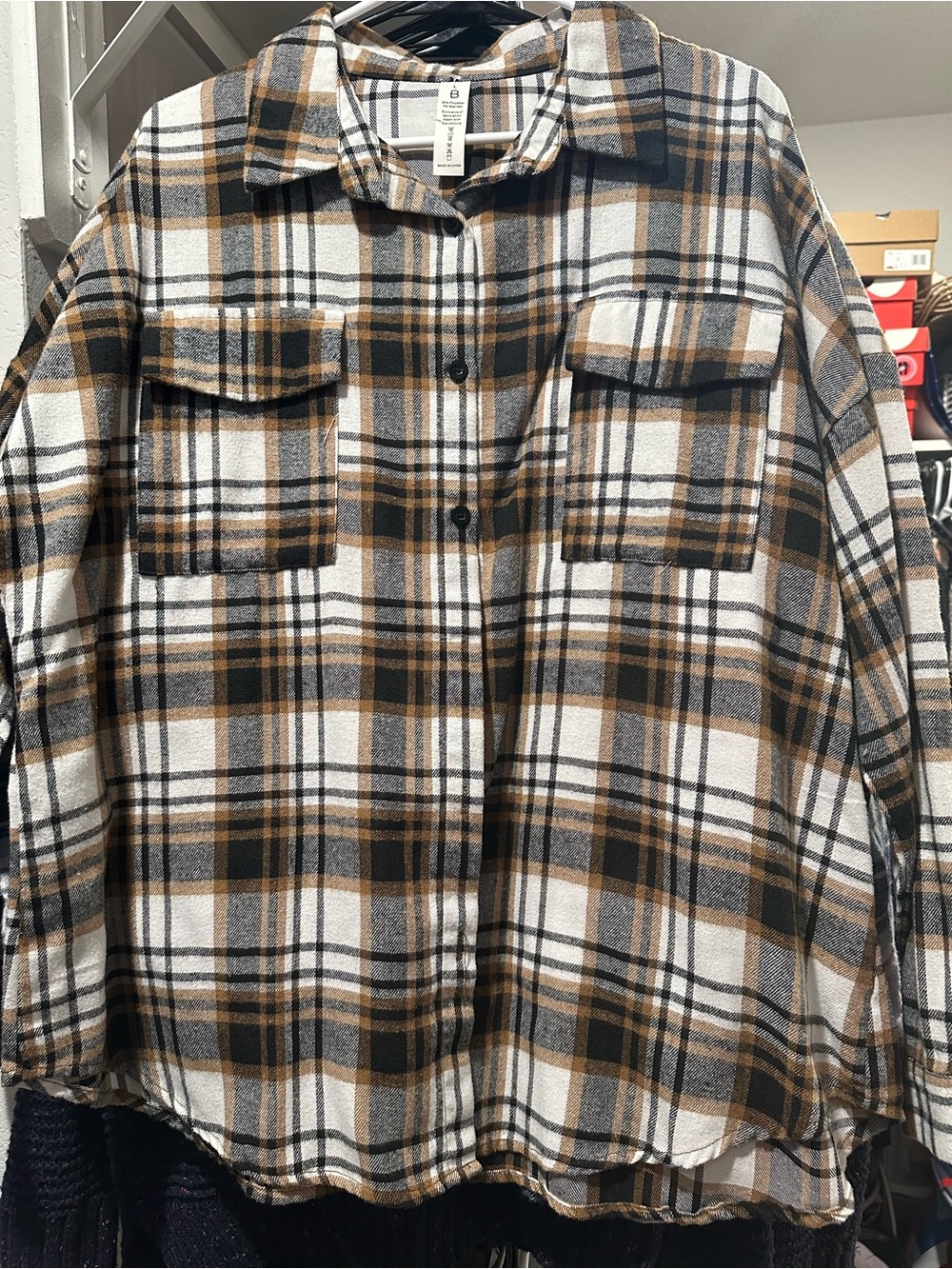 NWOT Plaid Button-Front Shacket in Brown and White